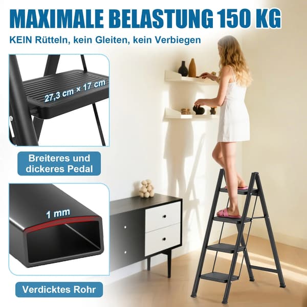 Foldestige, Kulstofstål, 150 kg Belastning,3 Trin-Sort