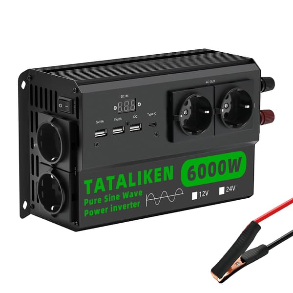 Inverter, 4 EU stik, Auto termostat blæser,6000W EU-sort