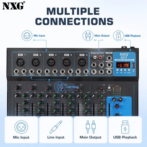 Lydmixer, 7 Kanaler, Bluetooth-forbindelse, 3-bånds equalizer, 48V phantom strøm, kompakt design