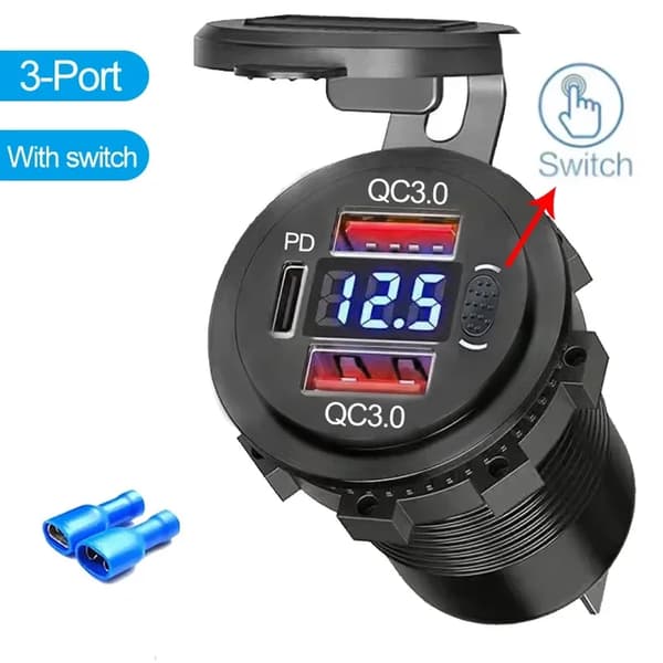 USB biloplader, dual PD QC3.0, voltmeter display,3Ports Switch