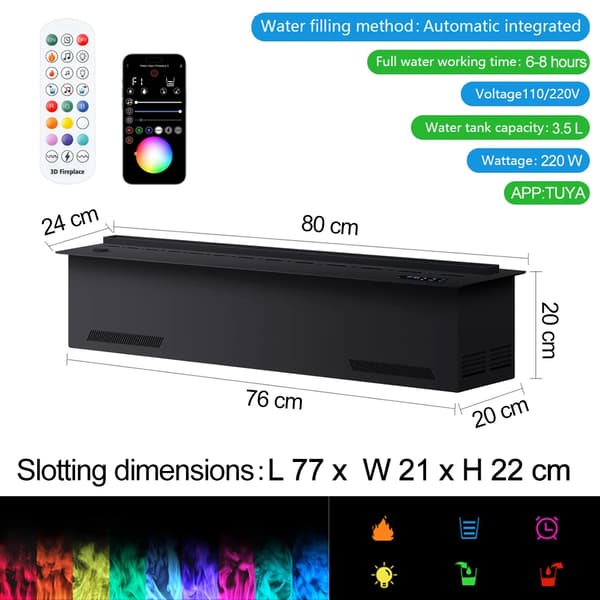 Eldstad, LED-låg effekt, inomhusbruk,800mm 31.50in-a, APP Vindskydd