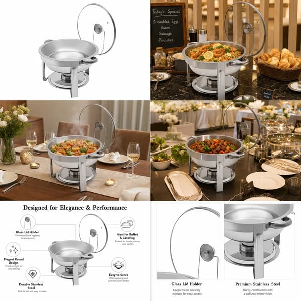 Chafing Dish, 5L kapacitet, rund form, rustfrit stål, højde 22,5 cm, diameter 34 cm