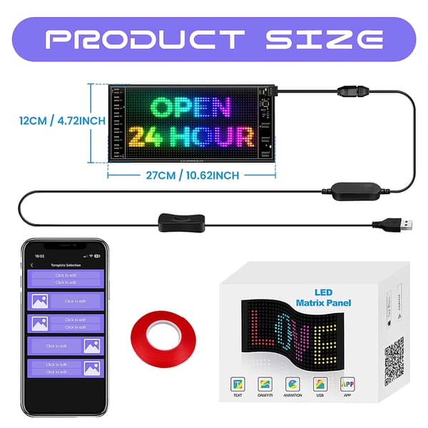 LED-programmerbar skylt, APP-kontroll, anpassade textfunktioner,12x27CM