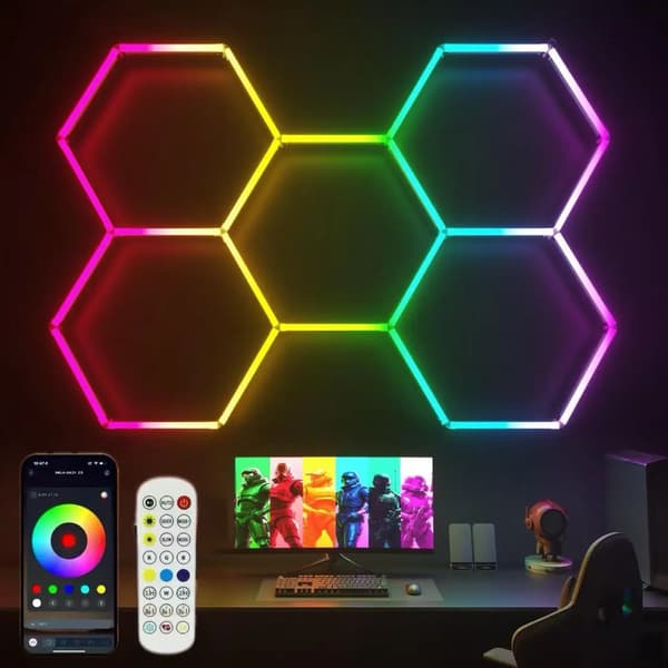 LED Hexagon Belysning, Dynamiske Effekter, Smart Enhed Kompatibel,RGB 5-Hul