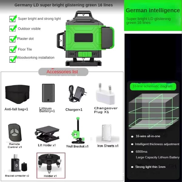 Laser Level, 360-degree Coverage, Self-leveling Functionality, Green 16 Line