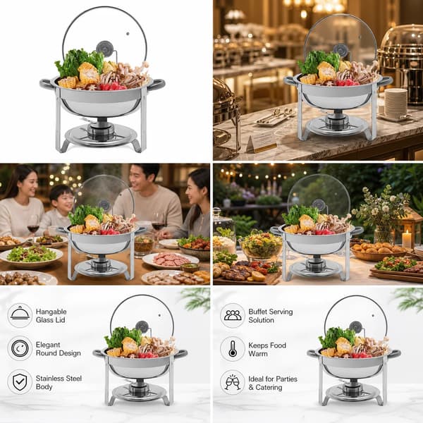 Chafing Dish, 5L kapacitet, rund form, rustfrit stål, højde 22,5 cm, diameter 34 cm