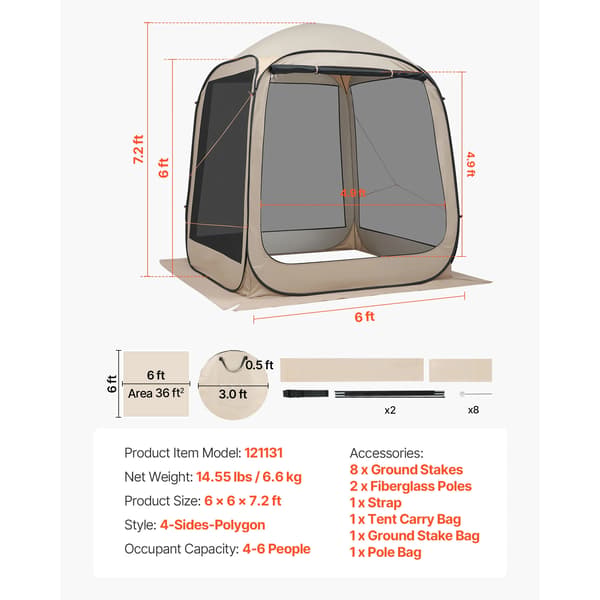Skärmtält, Pop-Up-design, Insektsskydd, 6x6ft typ B