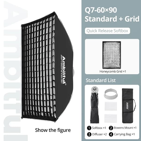 Softbox, rektangulær form, hurtigfrigivelsesmekanisme,Q7-6090 med Gitter