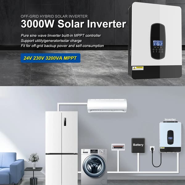 Inverter, 3200VA kapacitet, MPPT solcellelader,24V, 230V, SP-3200VA