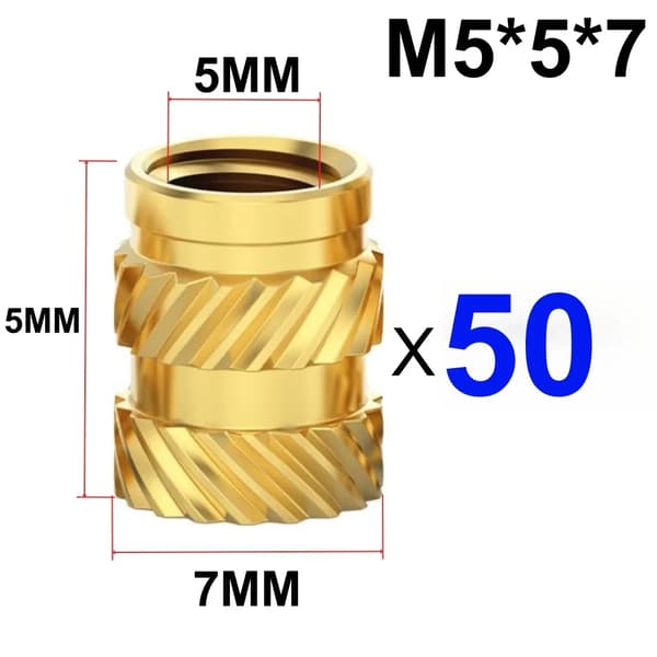 Indsættelse af indlægsmøtrikker, messingmateriale, rillet design,50 PCS M5X5X7