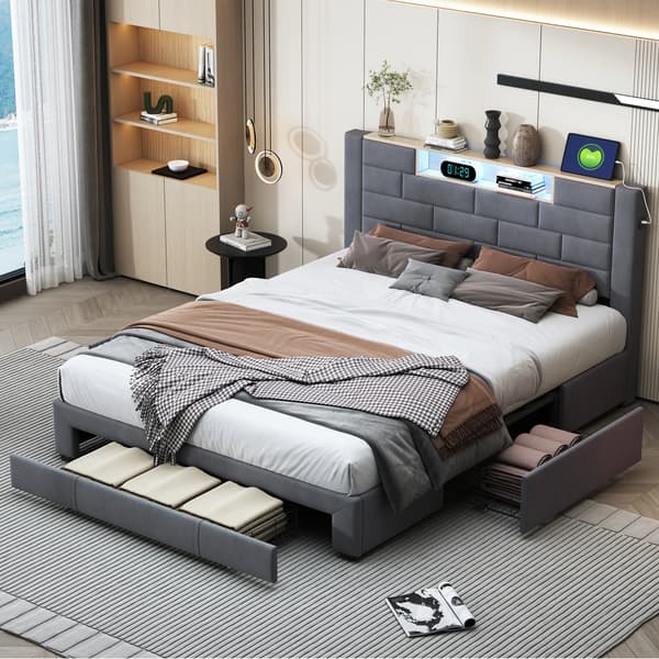 Opbevaringsseng, Moderne Design, Indbyggede USB-porte,160×200cm, Grå