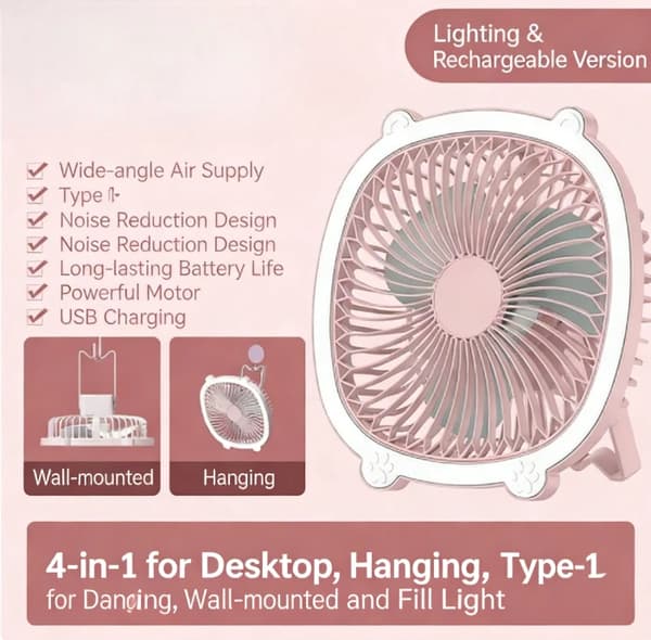 Skrivebordsblæser, Genopladelig, Integreret LED-lys,Pink