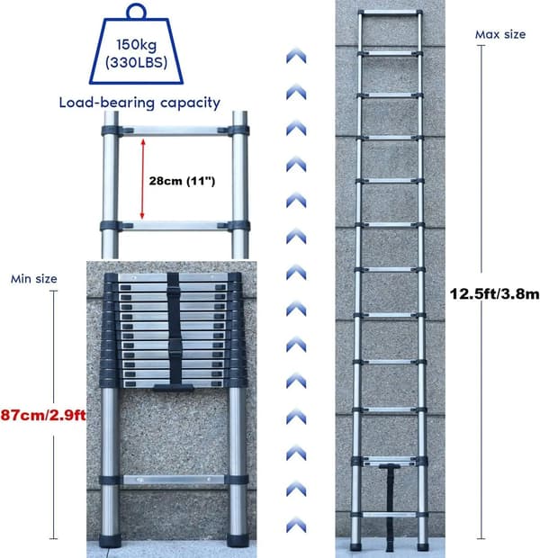 Teleskopstige, Konstruktion i rustfrit stål, 13-trins design,3.8M