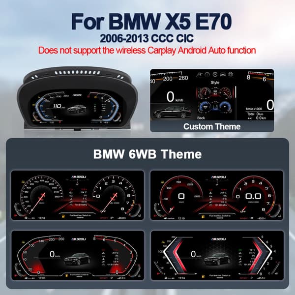 Digital Speedometer Cluster, Kompatibel med BMW X5 E70 2006-2013 CCC CIC, Mobil forbindelse, Adaptiv lysstyrke, E70 standardversion
