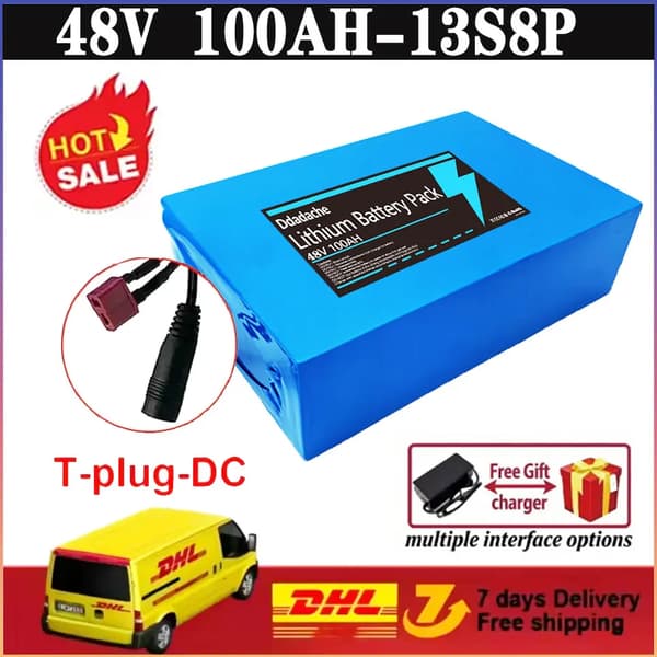 Litiumjonbatteripack, 100Ah kapacitet, inbyggd BMS,T-DC-Laddare