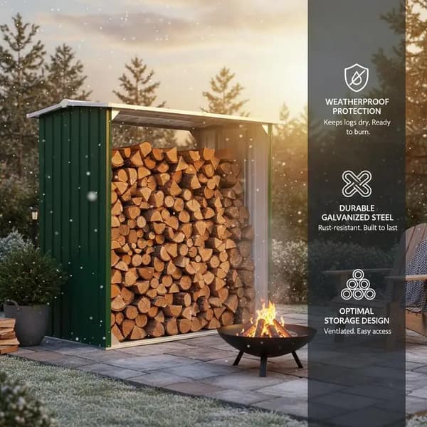 Vedförvaring, Galvaniserat Stål, Väderbeständig Design,armégrön