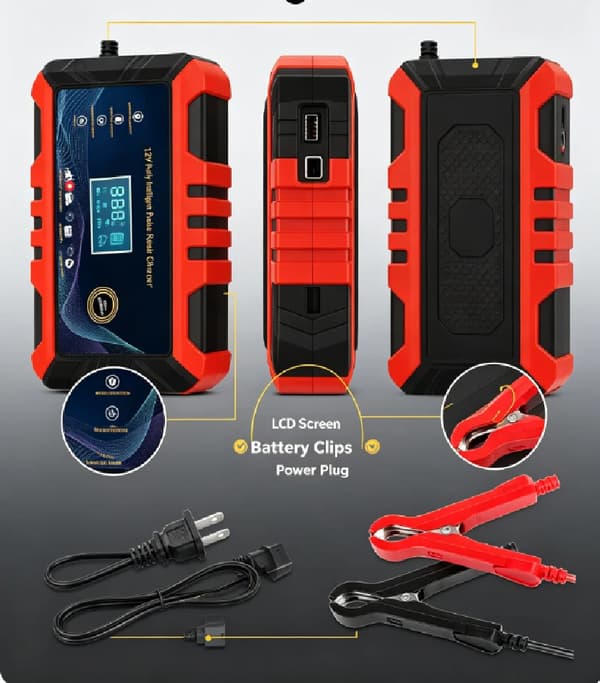 Bilbatteriladdare, 12V Utgång, 6A Ström, LCD Skärm, ABS Plast, CE Certifierad