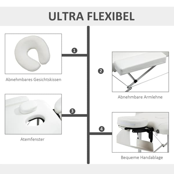 Massagebord, Justerbar Höjd, Fällbar Design, Vit