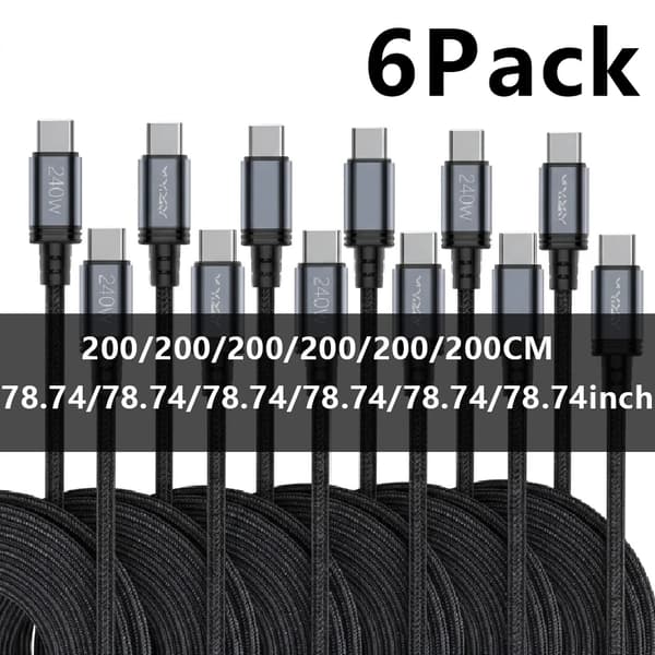 USB C Kabel, Hurtig Opladning, Data Synkronisering,2 Meter 6Pack