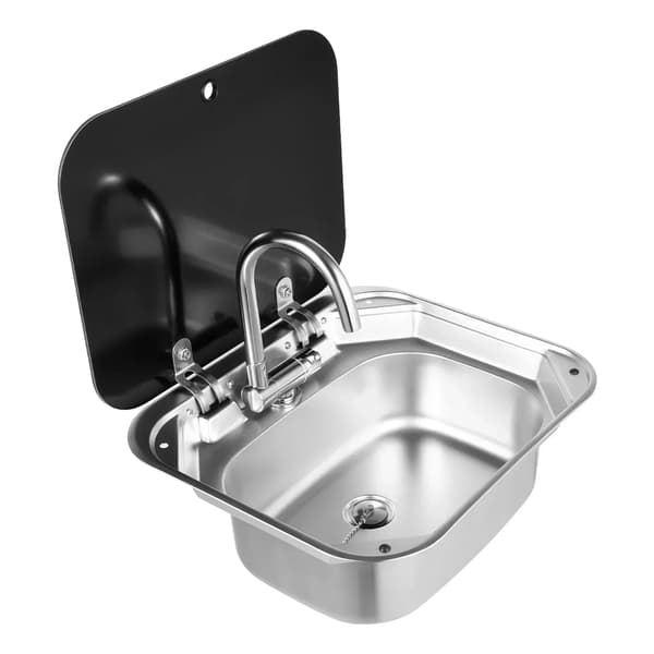 Foldbar RV-vask, hærdet glaslåg, kompakt design,sort