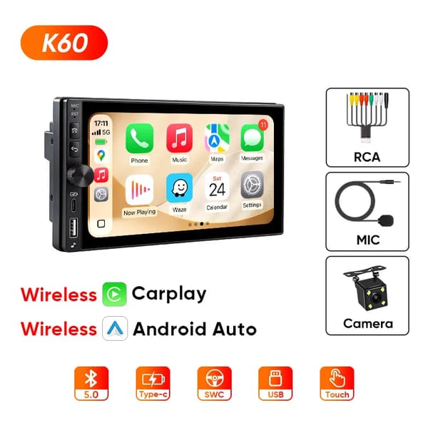 Bilradio, Touchskærm, Smartphone Integration,K60 Trådløs+MIC+CAM