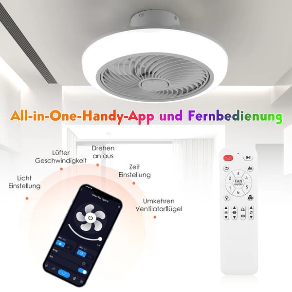 Loftventilator, Bluetooth-forbindelse, Dæmpbar LED-belysning,50W, 110-240V