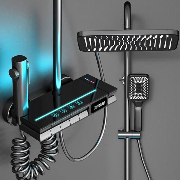 Duschkranssystem för badrum, LED-display, termostatisk kontroll,Svart