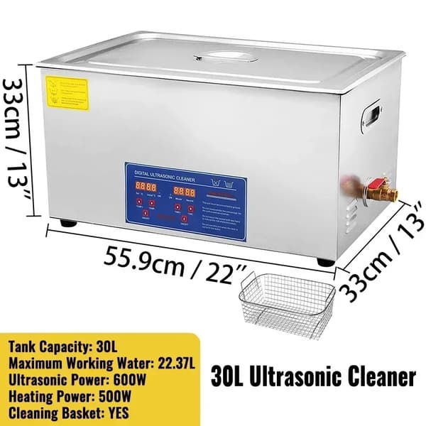 Ultralydsrenser, Digitalt Kontrolpanel, Rustfrit Stål Konstruktion,220V-240V EU stik, 30L