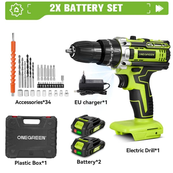 Elektrisk Boremaskine, 20 Momentindstillinger, 3 Boremodes,2 Batteri-34PCS