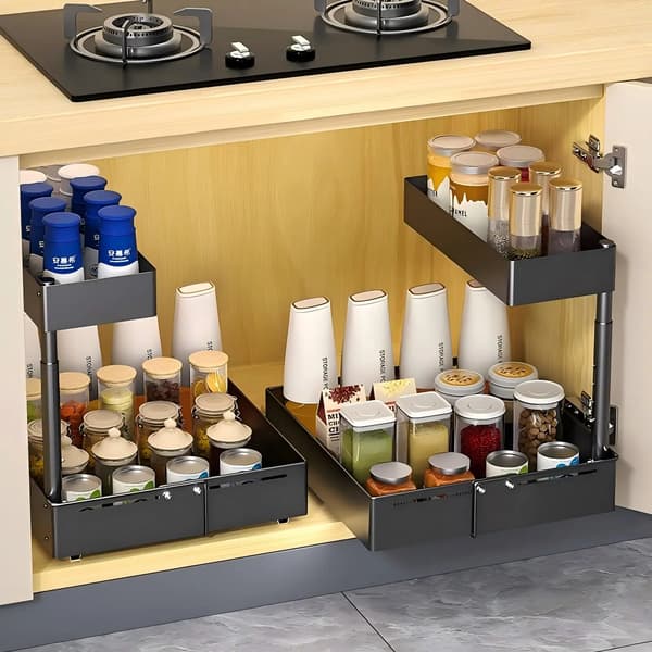 Under Sink Organizer, Justerbar Højde, Glat Skydedesign,sort