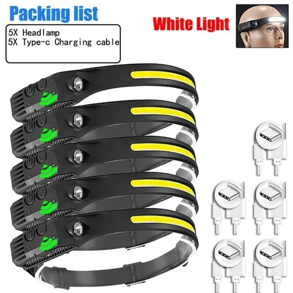 Hovedlampe, USB-genopladelig, Vandtæt,5PCS