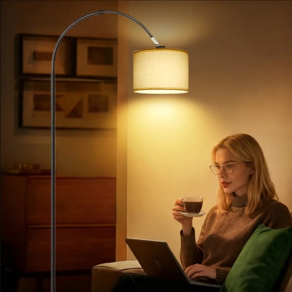 Buegulvlampe, Justerbart Hoved, Linned Skærm,Beige, sort