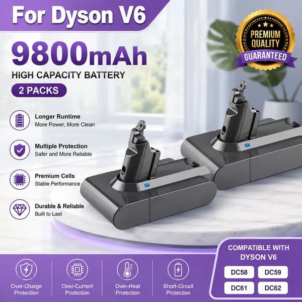 Erstatningsbatteri, 21,6V, 9,8Ah kapacitet,2PCS-V6-9800mAH