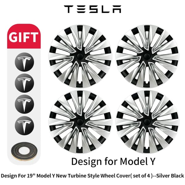 Hjulnavkapsel, Fuld Kant Design, Nem Snap-On Installation,Tesla, Model Y 19Tommer, Sølv Sort