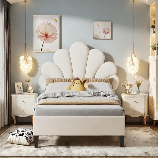 Polstret Seng, Elegant Blomster Hovedgærde, Robust Design,Beige, 90*200cm