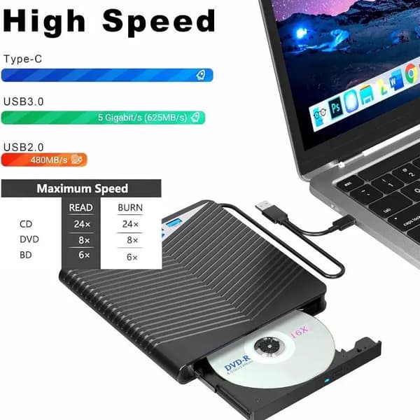 Ekstern DVD-drev, USB 3.0, Dual Port, Multi-format understøttelse, kompatibilitet med Windows og Mac, kompakte dimensioner