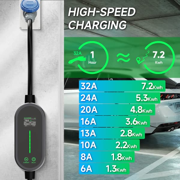Bærbar EV-lader, Smart opladning, Justerbar strøm,sort