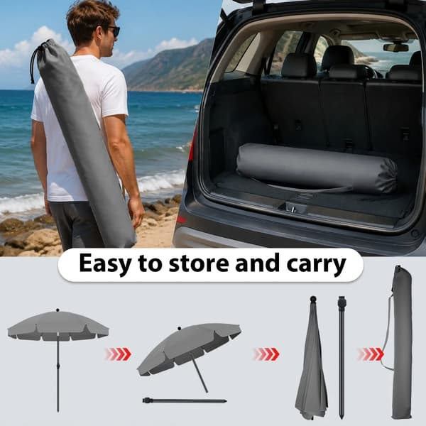 Strandparasol, Justerbar Tilt, UV Beskyttelse,GRÅ
