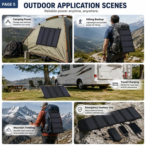 Solpanel, 20W effektudgang, foldbart design,6-fold solpanel