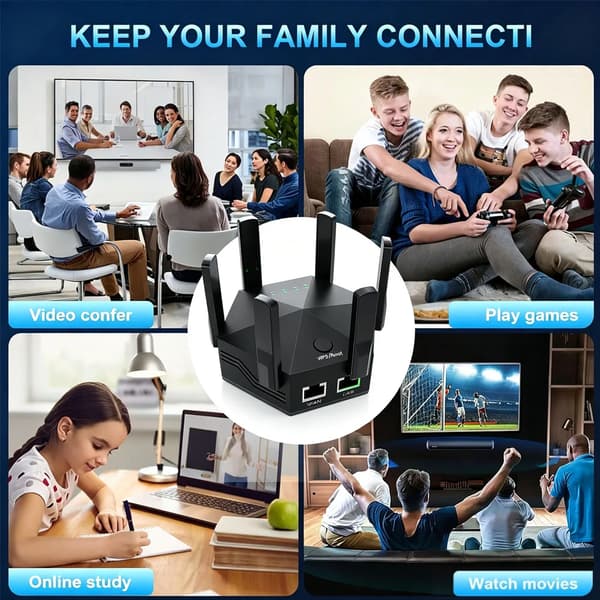 WiFi Forlænger, 1200Mbps Højhastighed, 6 Antenner,sort