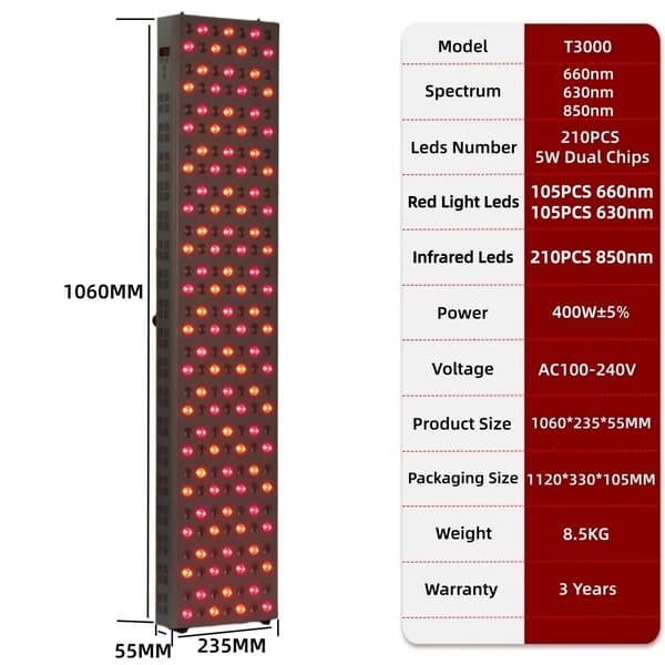 LED Röd Ljusterapi Panel, Dubbel Chipteknik, 660nm Nära Infraröd Terapi, Mångsidig Hudbehandling,T3000PRO
