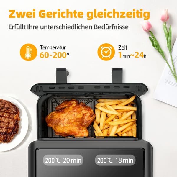 Luftfritös, Dubbelkorgsdesign, LED-Touchscreen,svart, EU