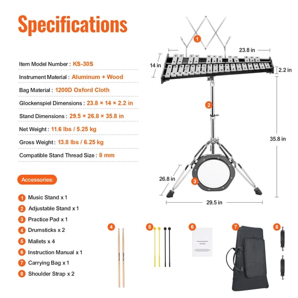 Glockenspiel, 30 Noter Design, Inkluderer Stikker og Bærepose,Med Stand Pad