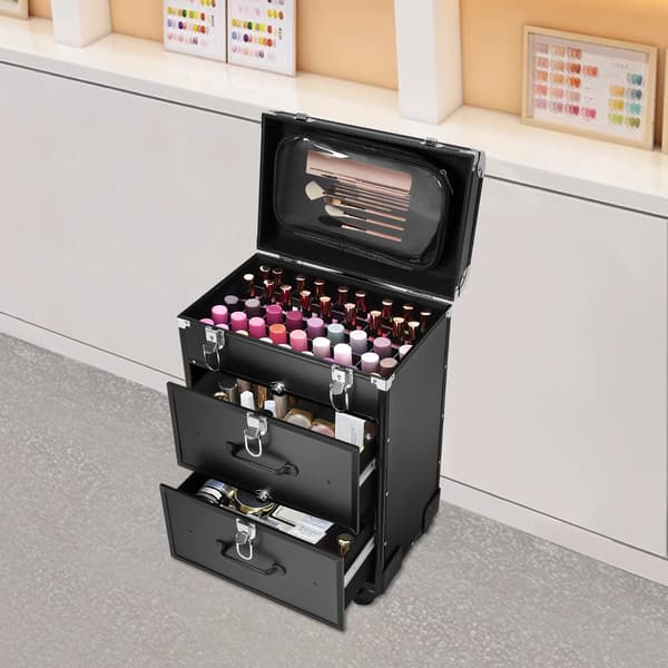 Makeup Train Case, Rullende Design, Rigelig Opbevaringsplads,sort