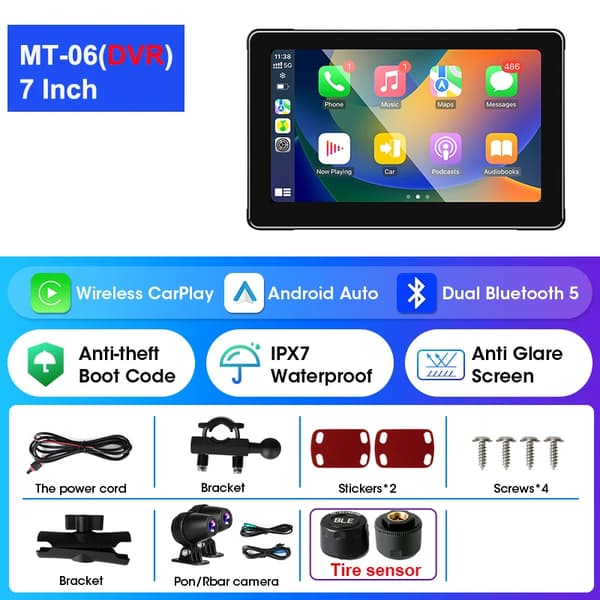 Moottoripyörän multimedia-soitin, langaton CarPlay, Android Auto,MT-06 DVR 7Tuumaa