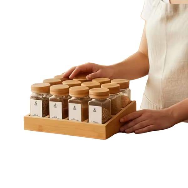 Kryddburksset, Hållbar Bambubräda, Glasburkar,13PCS