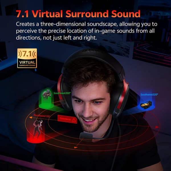 Spelheadset, 7.1 Surround Sound, Anpassningsbar EQ,SVART