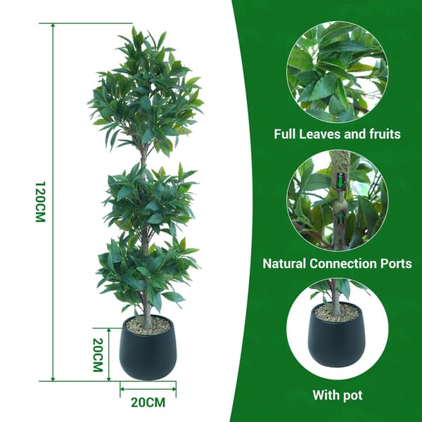 Kunstig Laurus Træ, Triple Kugle Topiary, UV Resistens Dekor,Sort gryde