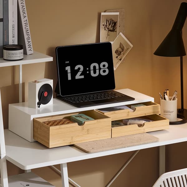 Monitorstand, Ergonomisk Design, Pladsbesparende Skuffer,HVID