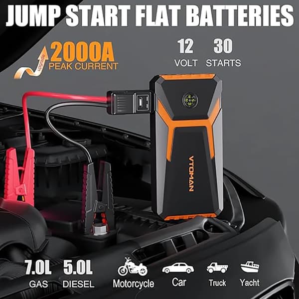 Bil Jump Starter, 2000A Spidsstrøm, LED Lysfunktioner,VTOMAN V6 PRO